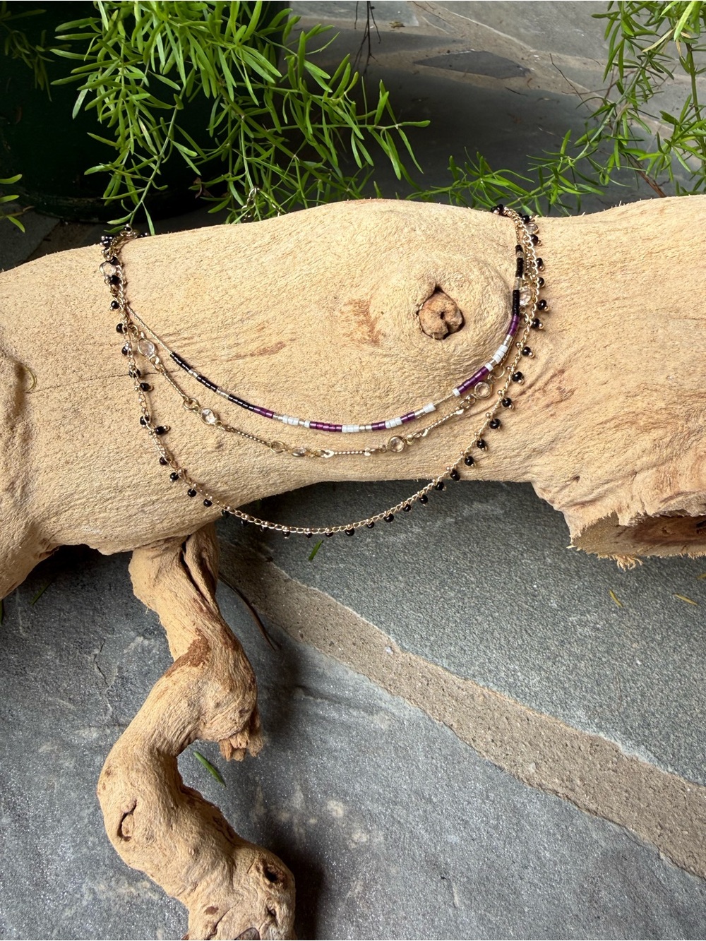 New🌟Free People-Layered Gold-Tone Necklace with Black Beads and Purple Accents